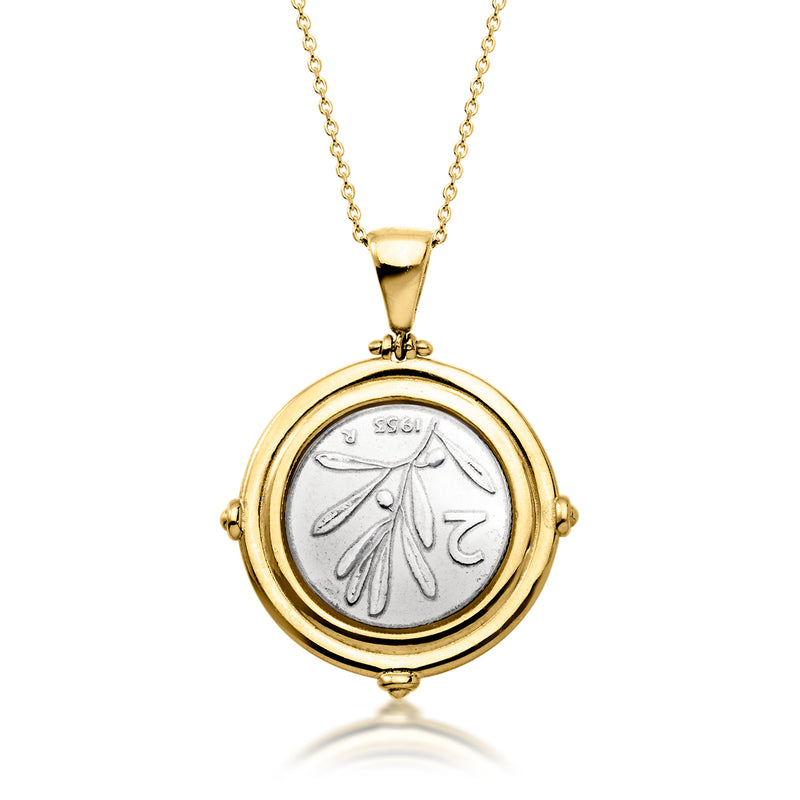 Round gold coin pendant necklace with silver-toned coin face and chain