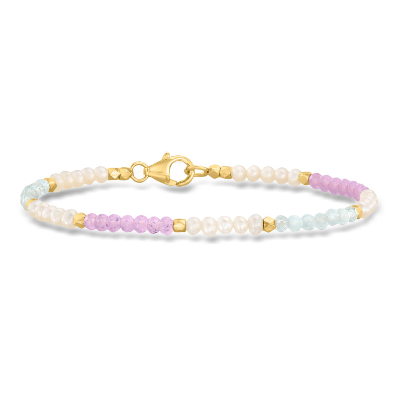 Pastel pearl and gemstone bead bracelet with gold clasp; white, lilac, mint beads