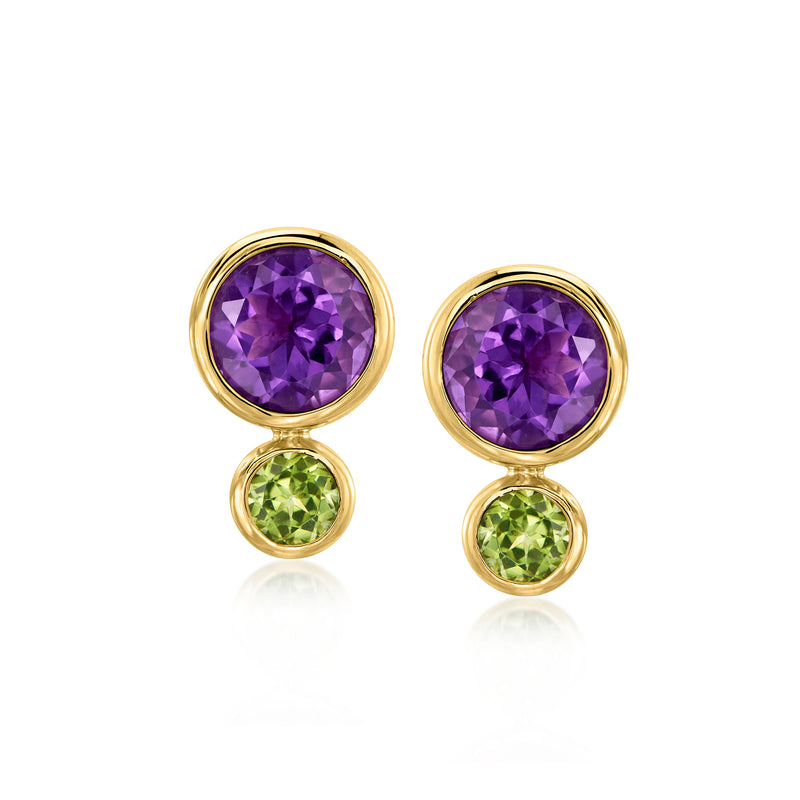 Gold post earrings with round amethyst top and peridot bottom, bezel set