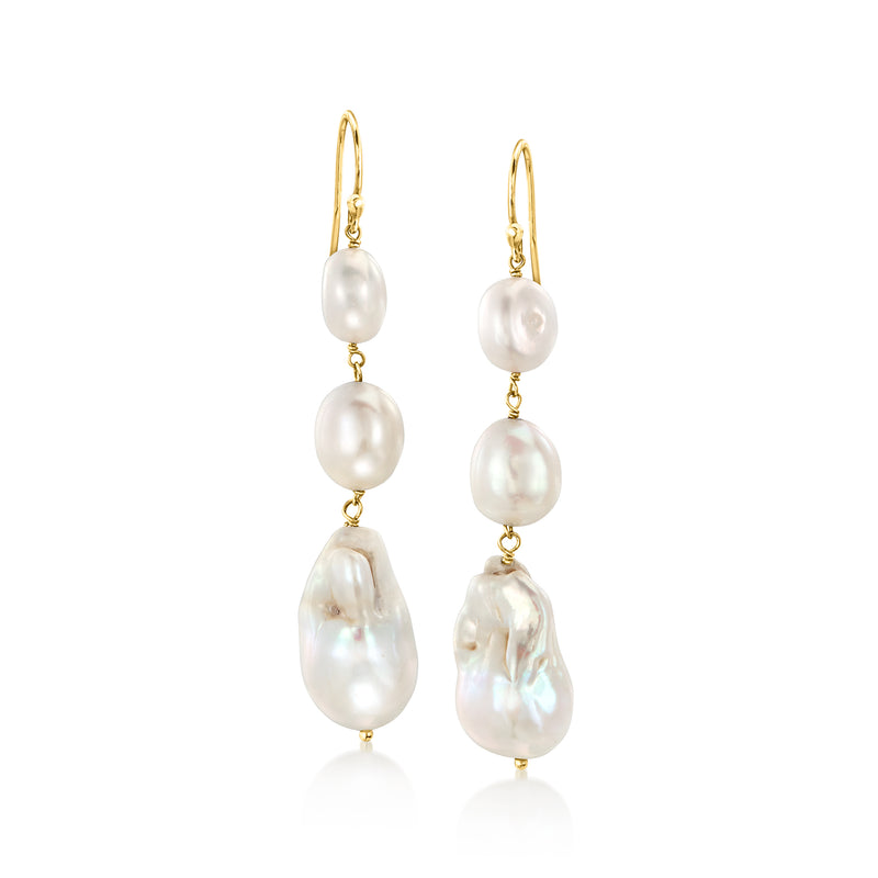 Gold drop earrings with three cultured pearls: round, oval, baroque.