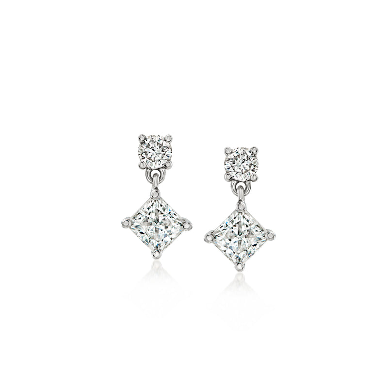 14kt white gold diamond drop earrings with square clusters and dangling stones
