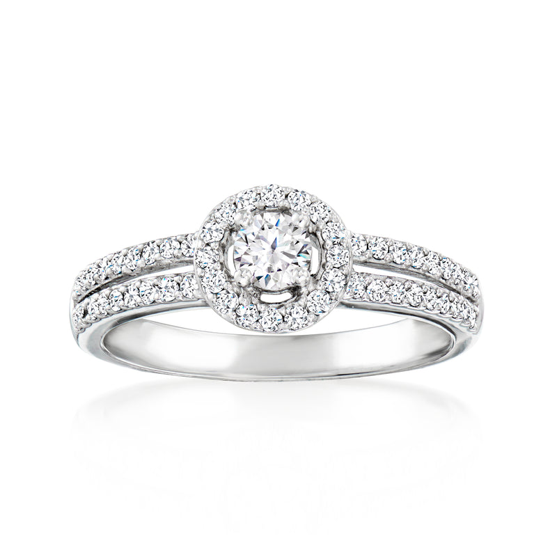 Platinum vintage diamond two-row ring with round center stone in halo