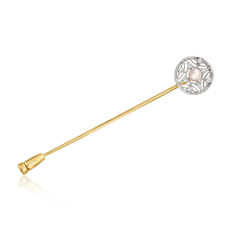 Gold stick pin with round pearl centerpiece and diamond halo in platinum setting