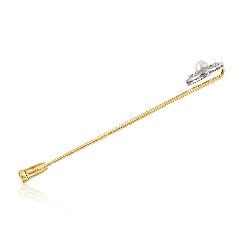 Gold stick pin with round pearl head and visible back clasp mechanism