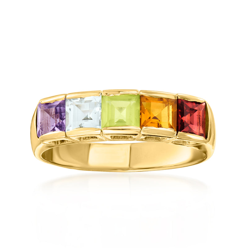 14kt yellow gold ring with multicolor square-cut gemstones in a row
