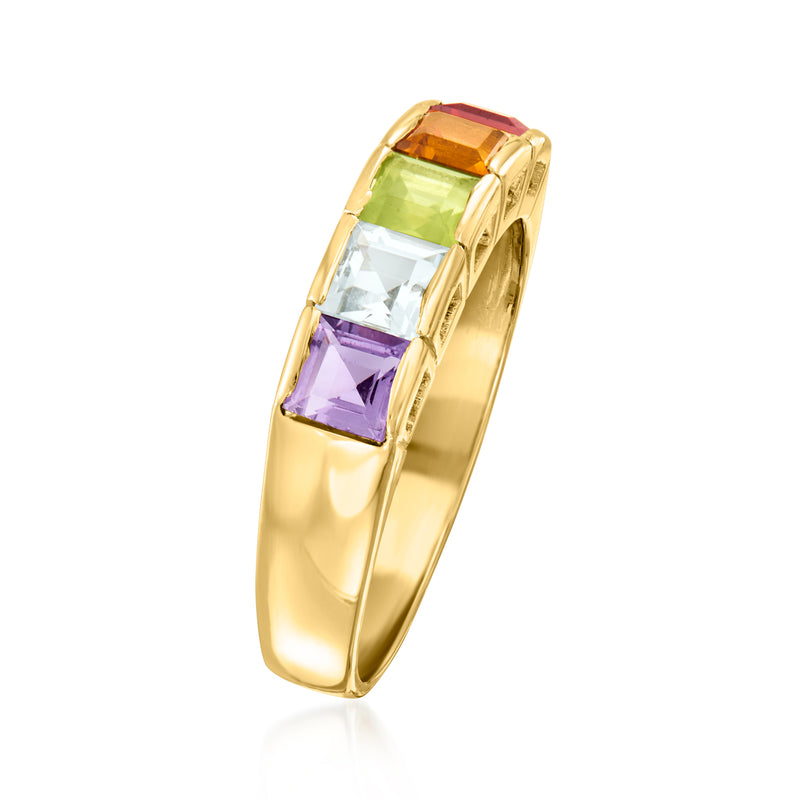 Yellow gold bezel ring with stacked square-cut multicolor gemstones, side view