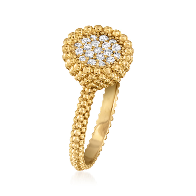 Yellow gold beaded ring with round diamond cluster top and open shoulders