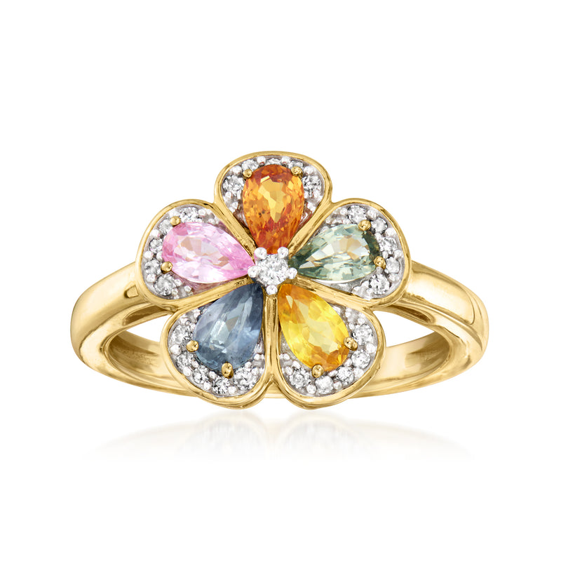 14kt yellow gold flower ring with multicolored sapphires and round diamond accents