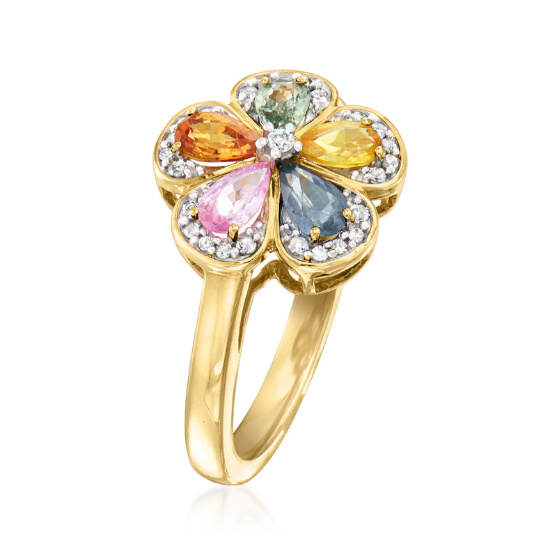 14kt yellow gold flower ring with multicolored oval sapphires and round diamond halos