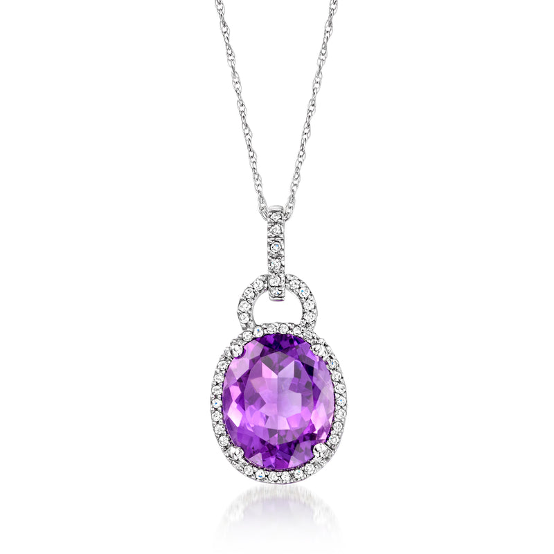 Amethyst and diamond halo pendant necklace with oval purple gemstone, white gold chain