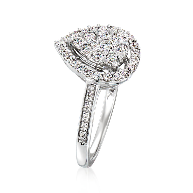 Teardrop diamond cluster ring in 14kt white gold, angled view of pave details