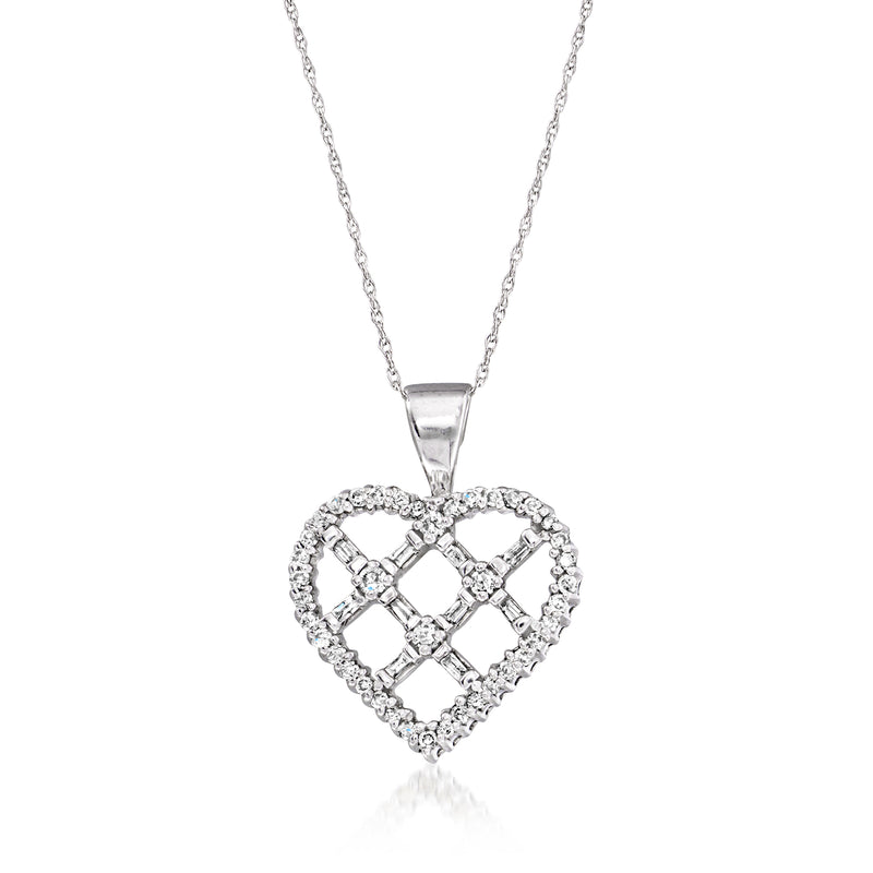 10kt white gold diamond openwork heart pendant necklace with round stones and chain