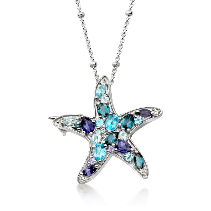 Sterling silver starfish pendant with blue and purple multi-gem stones on chain