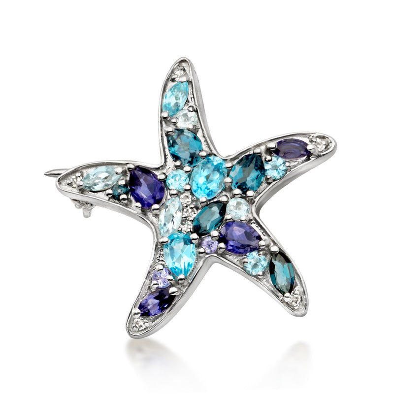Sterling silver starfish pendant with blue and purple stones, side view