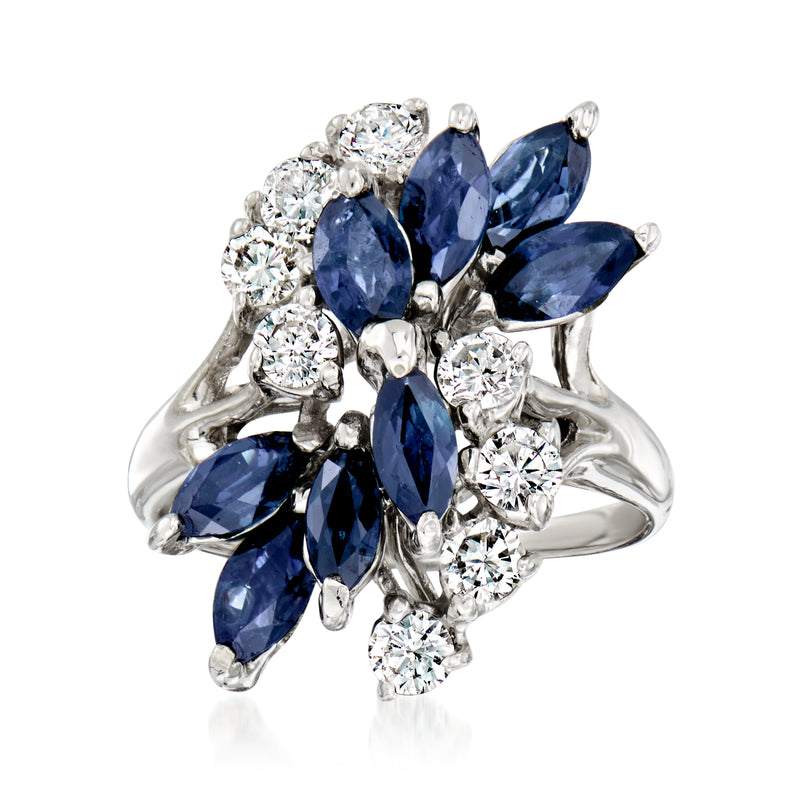 14kt white gold cluster ring with blue pear-shaped sapphires and round diamonds