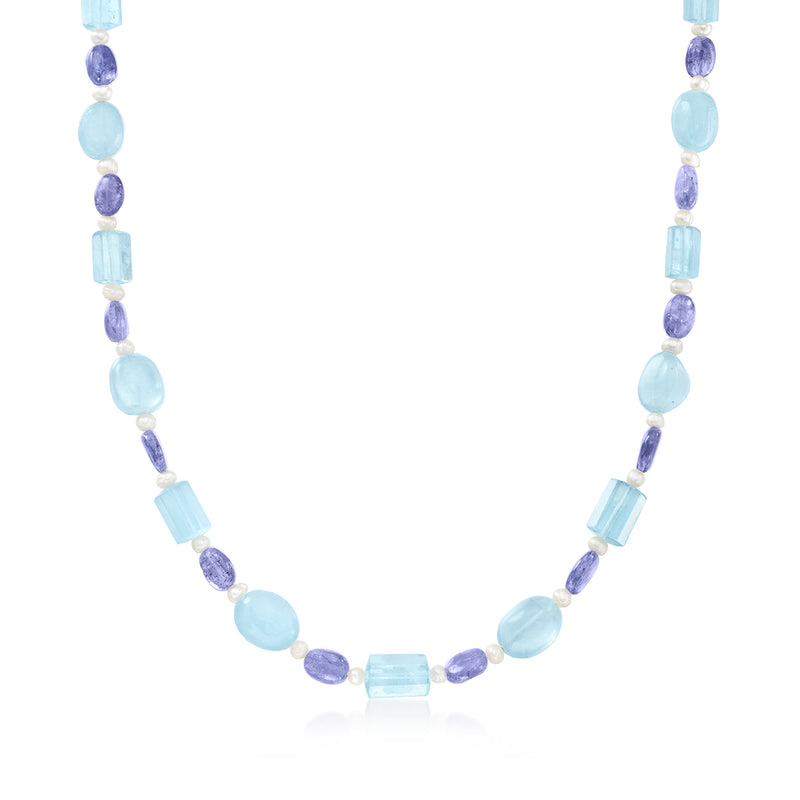 Gemstone bead necklace with light blue and purple beads on a single beaded strand.