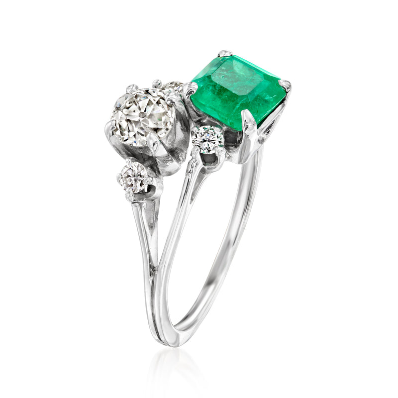 Vintage emerald and diamond ring with emerald square center stone, white gold prongs