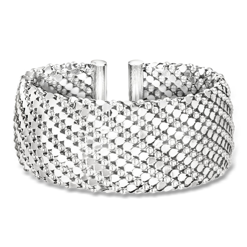 Rhodium-plated wide cuff bracelet, patterned crystal mesh with two open cuffs