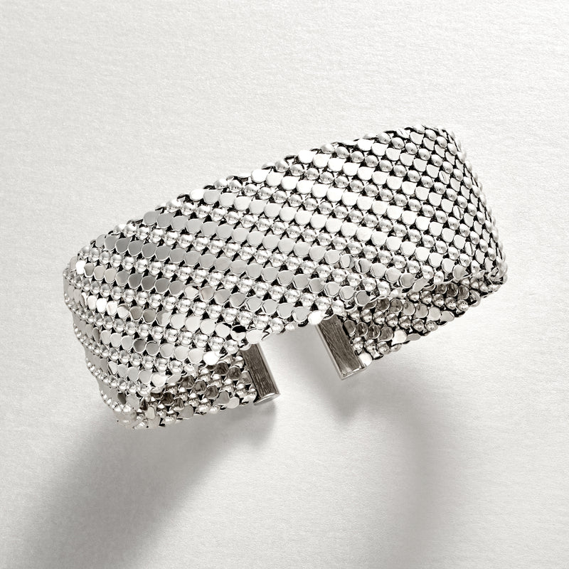 Rhodium-plated wide cuff bracelet, crystal mesh with two hinged end plates
