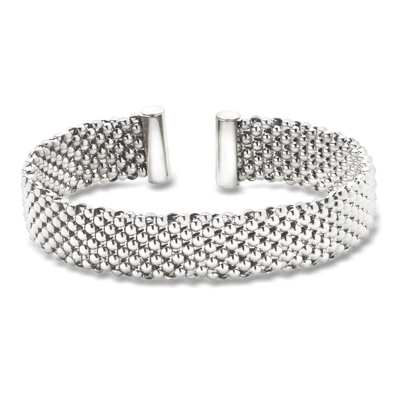 Rhodium-plated beaded cuff bracelet, silver bead mesh with two end posts