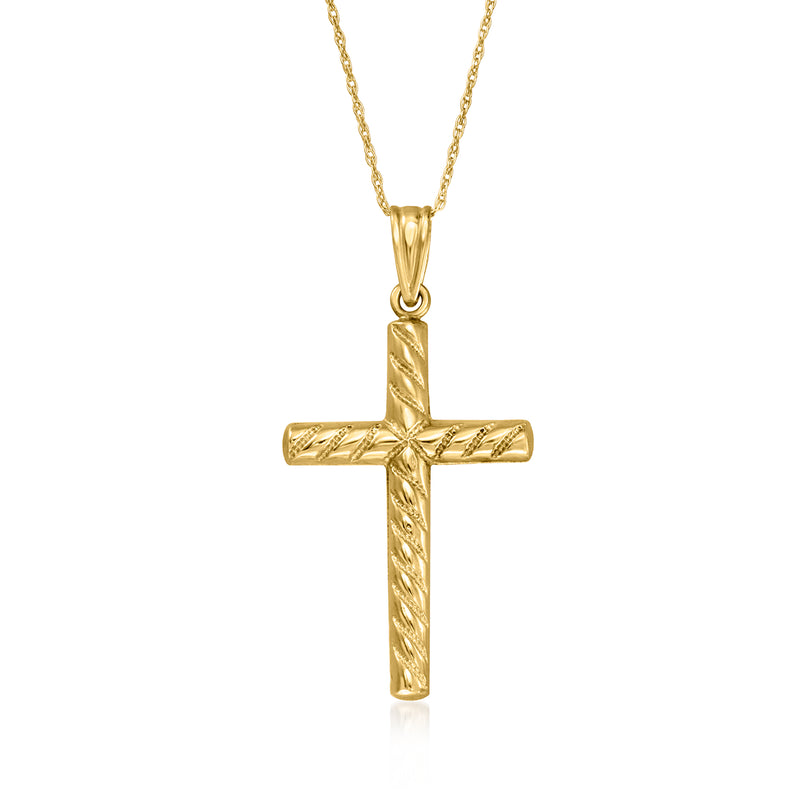 14kt yellow gold cross pendant necklace with textured cross detail and chain
