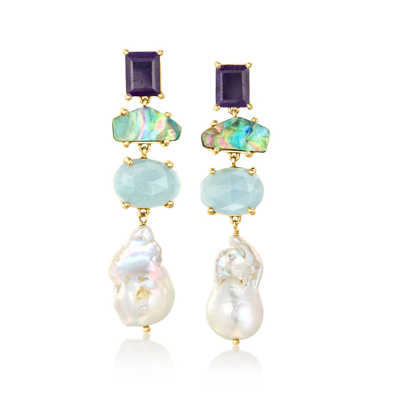 Gold-tone drop earrings with purple square tops, aqua stones, iridescent shell, and white pearls
