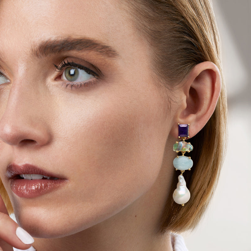 Gold-tone drop earrings on ear with purple top stones, aqua accents, iridescent shell, and pearl