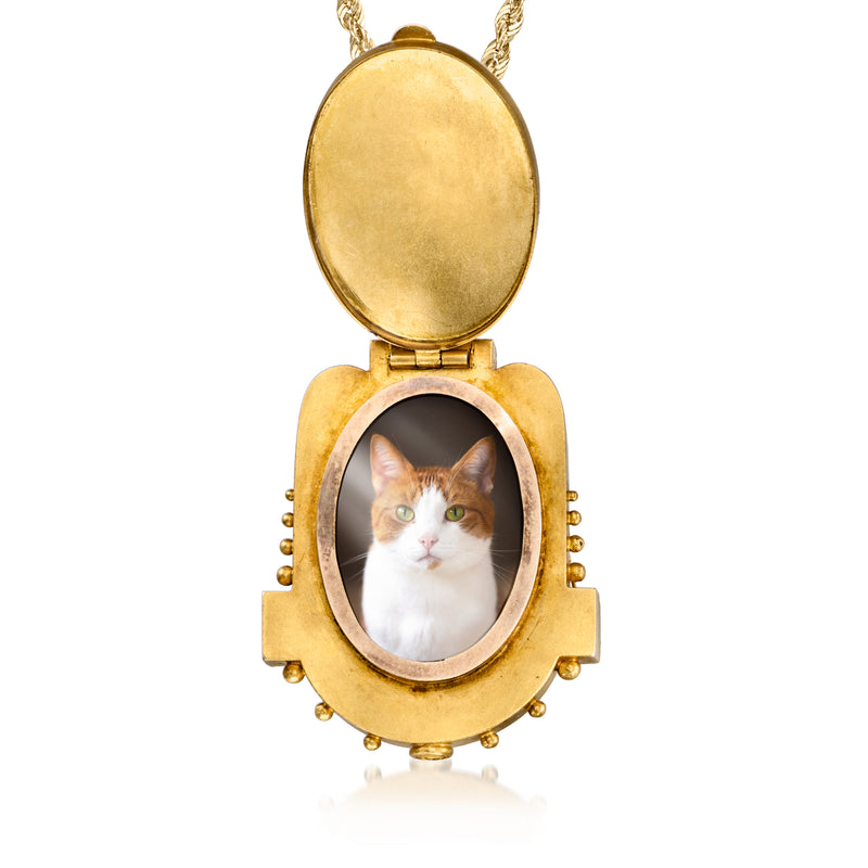 18kt yellow gold locket necklace with oval open case and cat portrait cameo