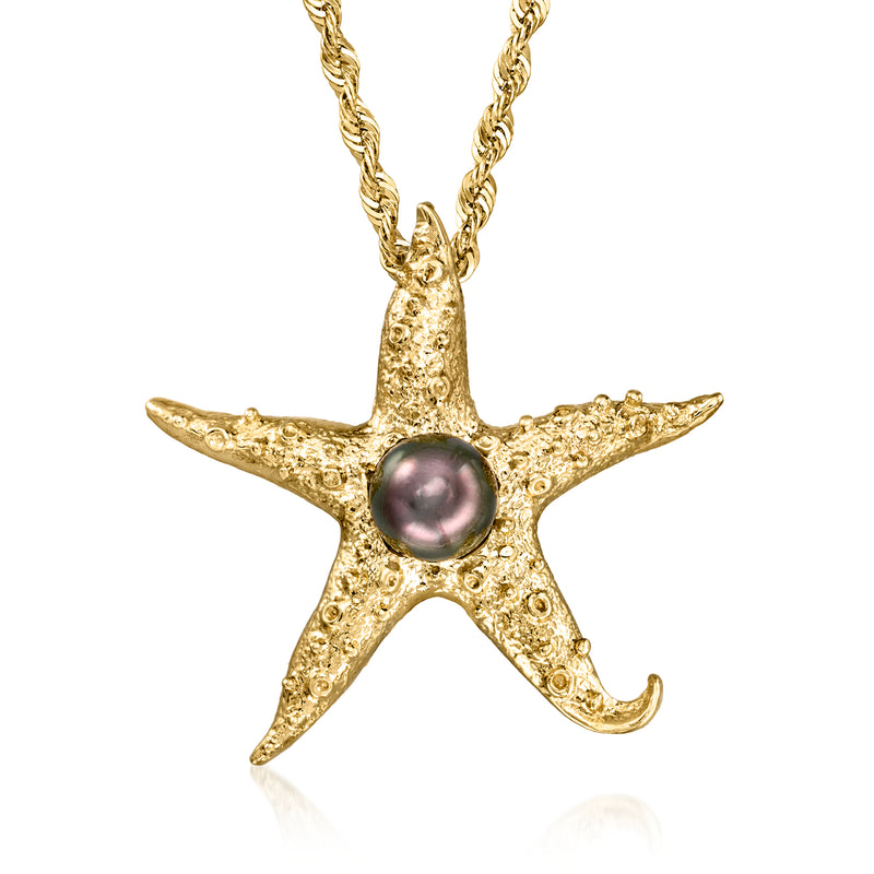 Gold starfish pendant necklace with dark cultured pearl and textured 14k-style chain
