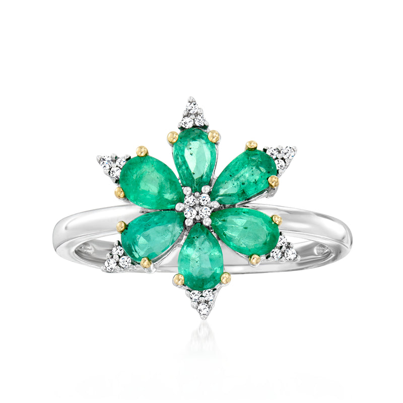 14kt white gold flower ring with emerald-green stones and diamond accents