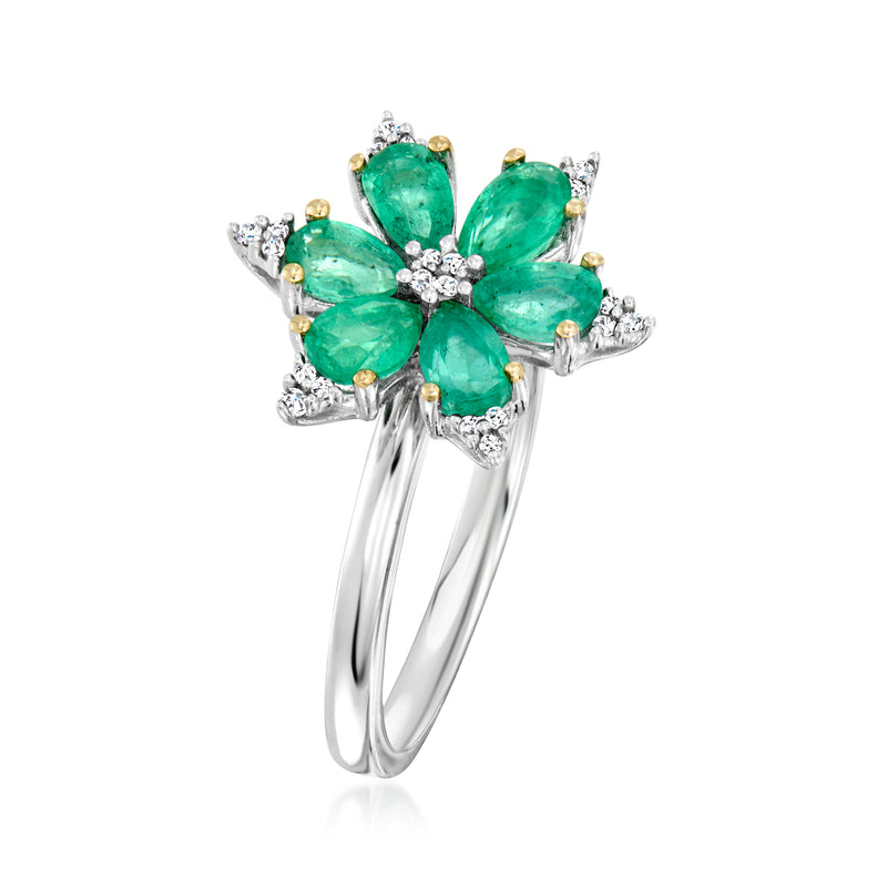 Emerald-green flower ring with pear-cut stones, diamond cluster, white gold band