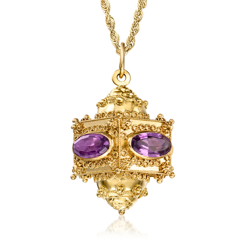 18kt yellow gold amethyst fancy pendant necklace with purple oval stones, ornate setting