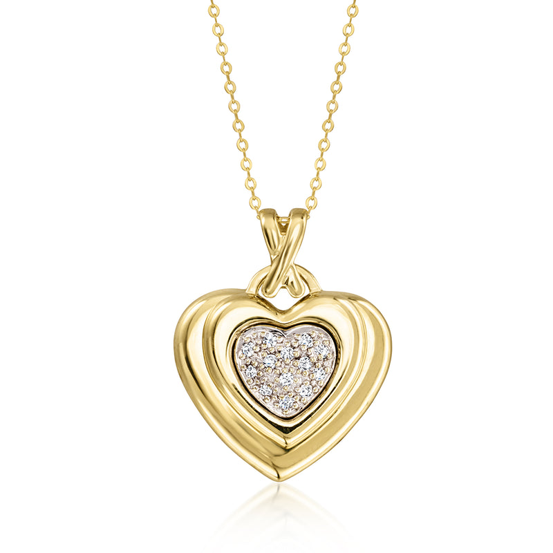 Two-tone gold double-heart pendant necklace with diamond-studded center heart