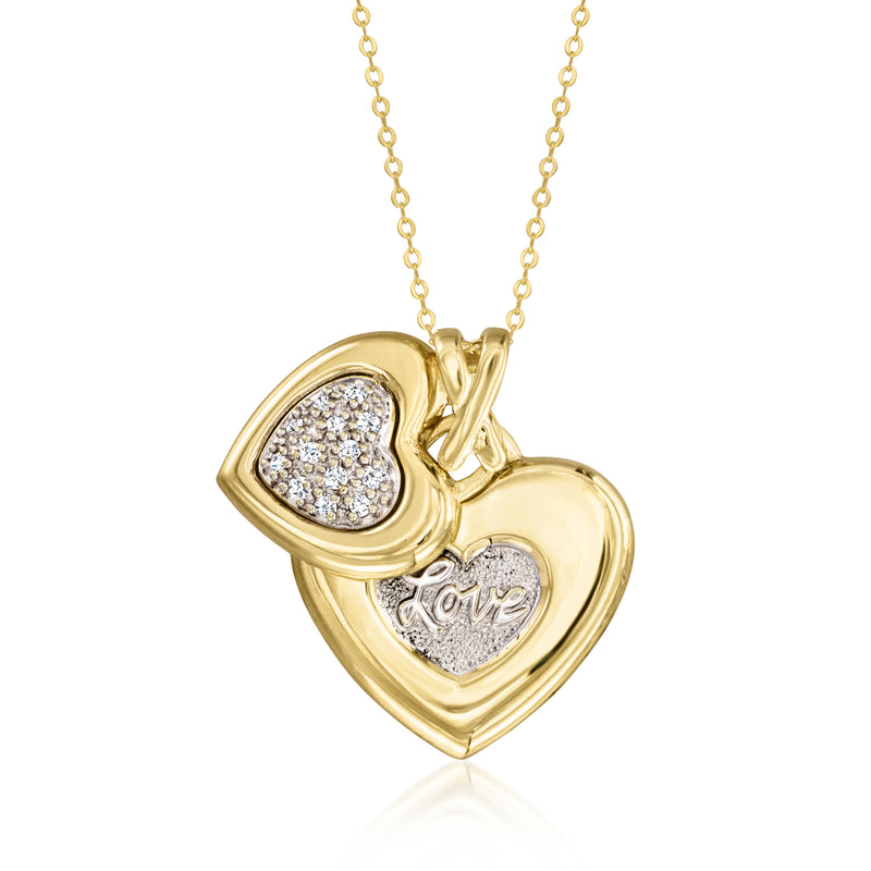 Two-tone gold double-heart pendant with Love heart detail and diamond cluster