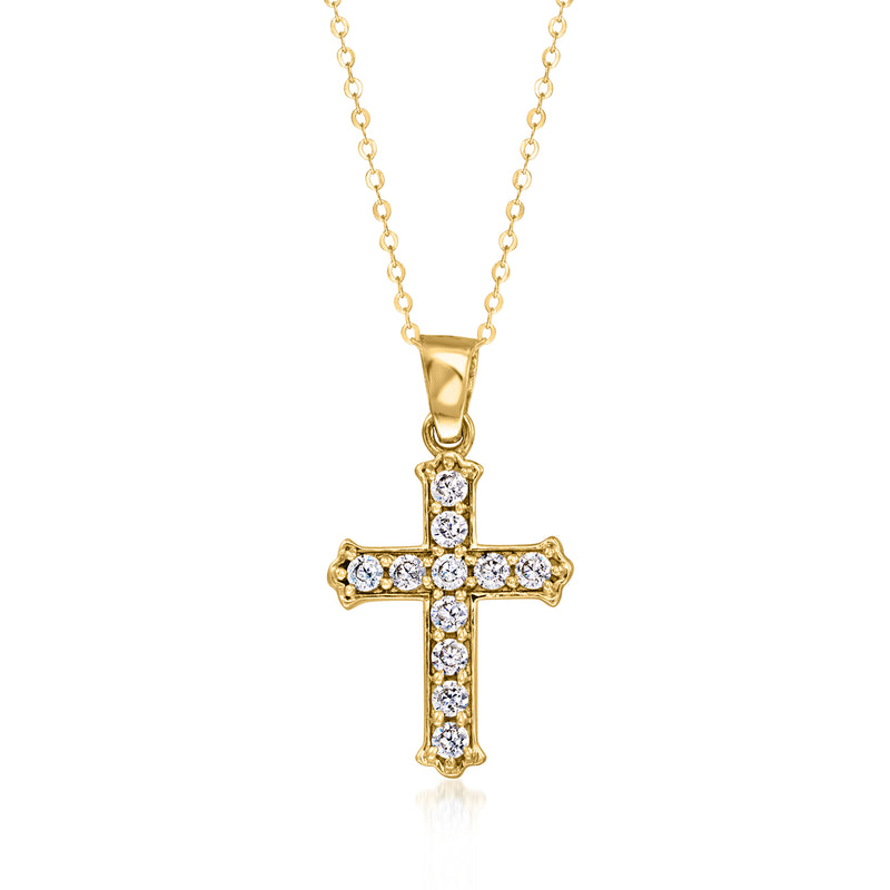 10kt yellow gold cross pendant necklace with round CZ stones on a thin chain