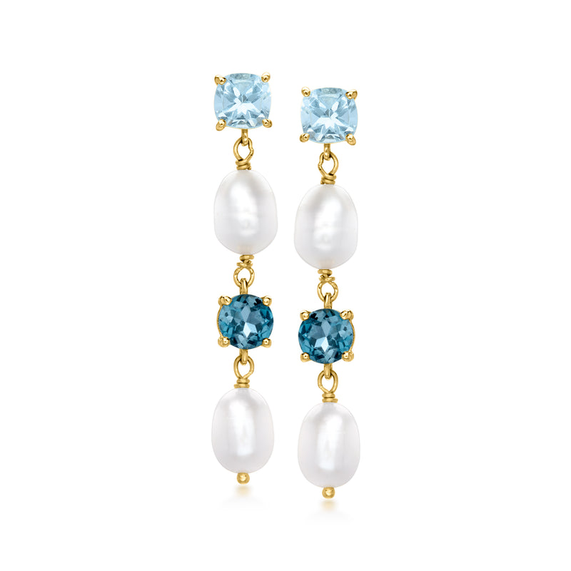 5.5-6mm Cultured Pearl and 2.50 ct. t.w. Tonal Blue Topaz Drop Earrings in 18kt Gold Over Sterling