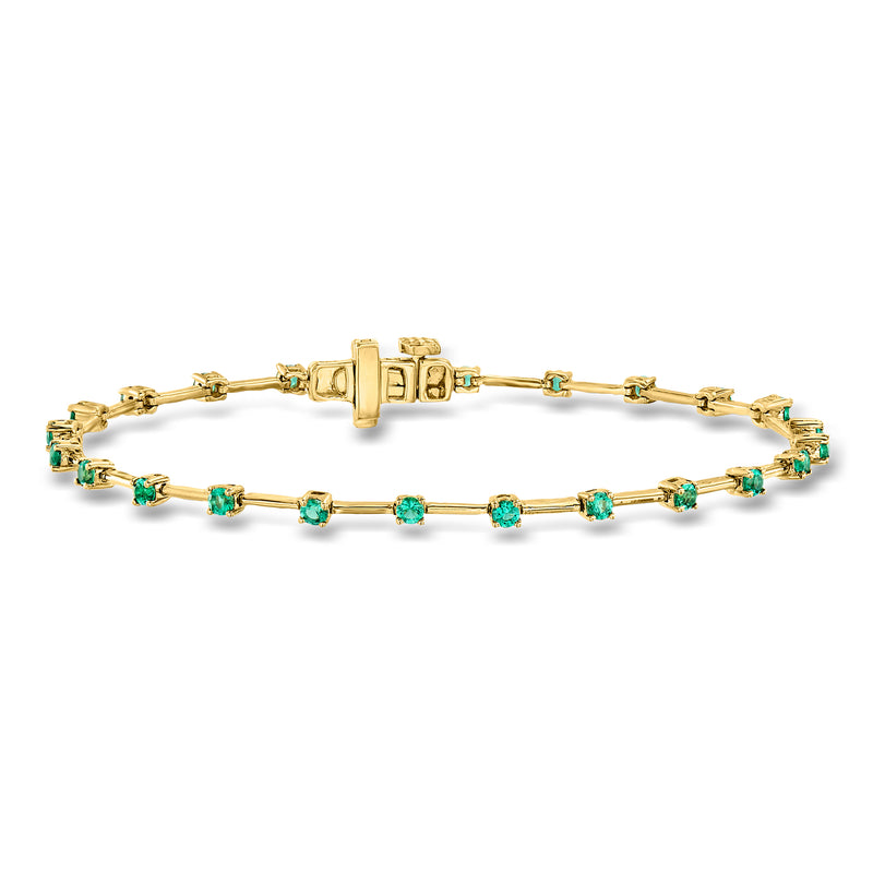 Emerald tennis bracelet in 18kt gold over sterling, green oval stones, hinged clasp