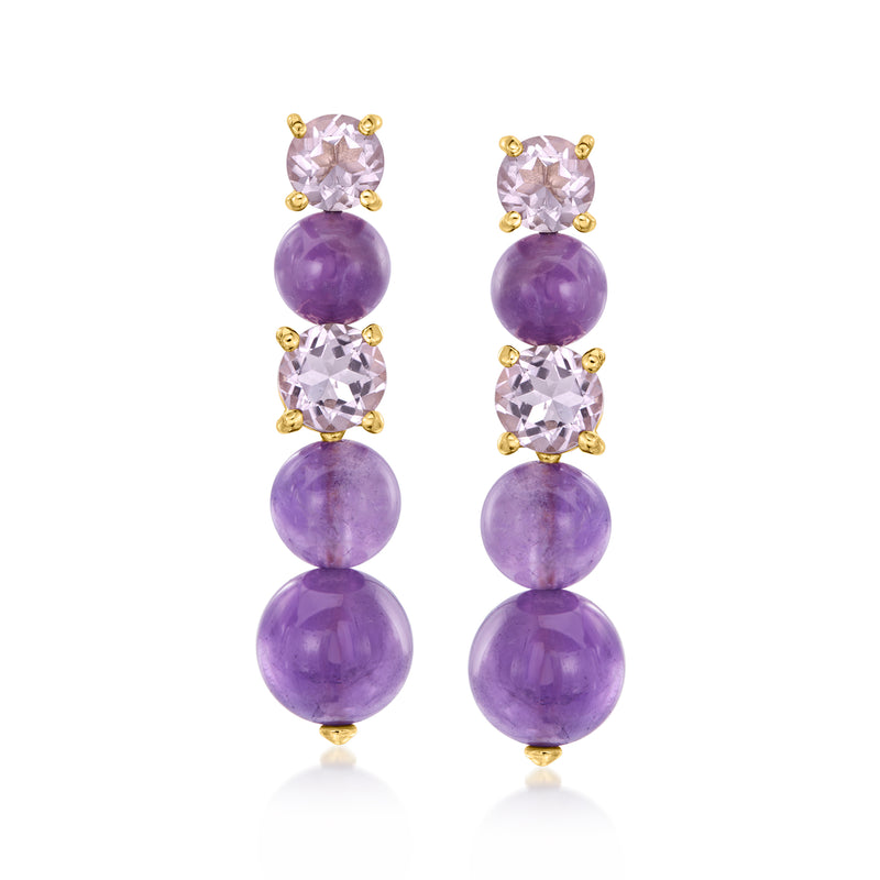 Amethyst drop earrings with three-tier purple stones and gold-tone settings