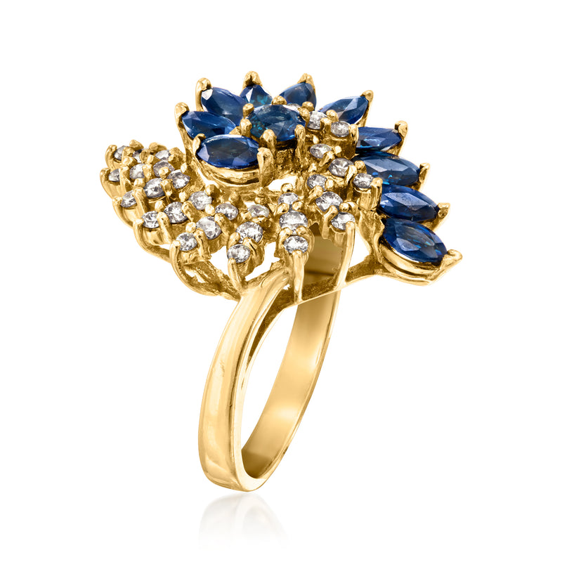 14kt yellow gold ring with blue marquise sapphires and round white diamonds, side view