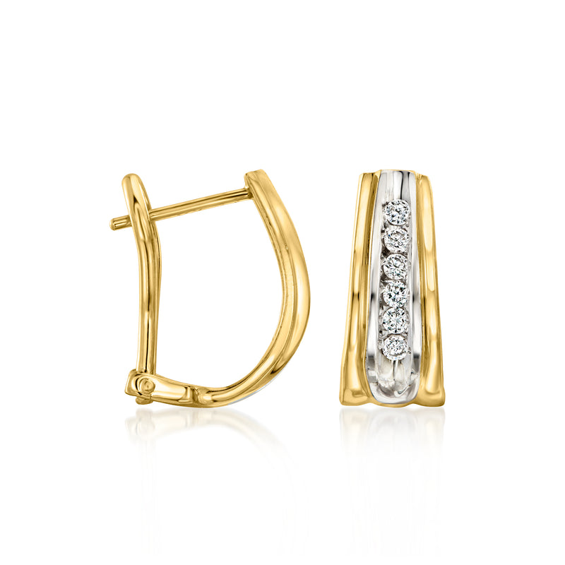 Two-tone gold curved hoop earrings with diamond row inside, hinged post closure