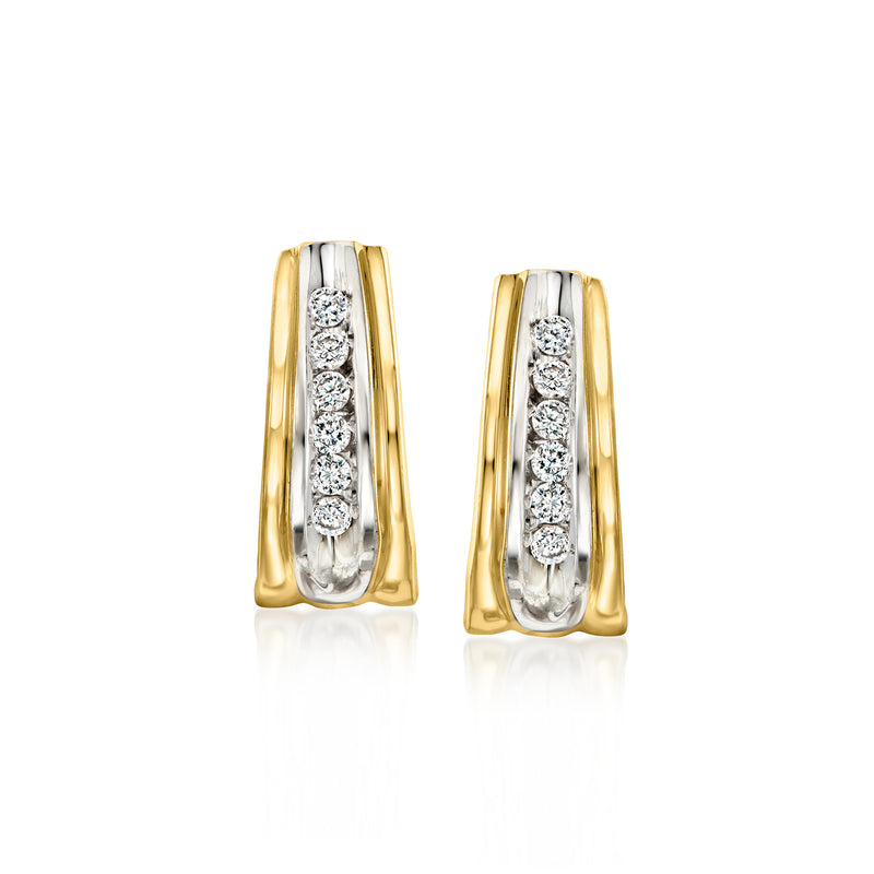 Two-tone gold curved hoop earrings with inner diamond row, front view