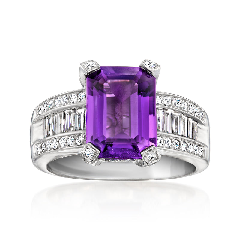 Amethyst cushion-cut ring in 14kt white gold with diamond accents, front view