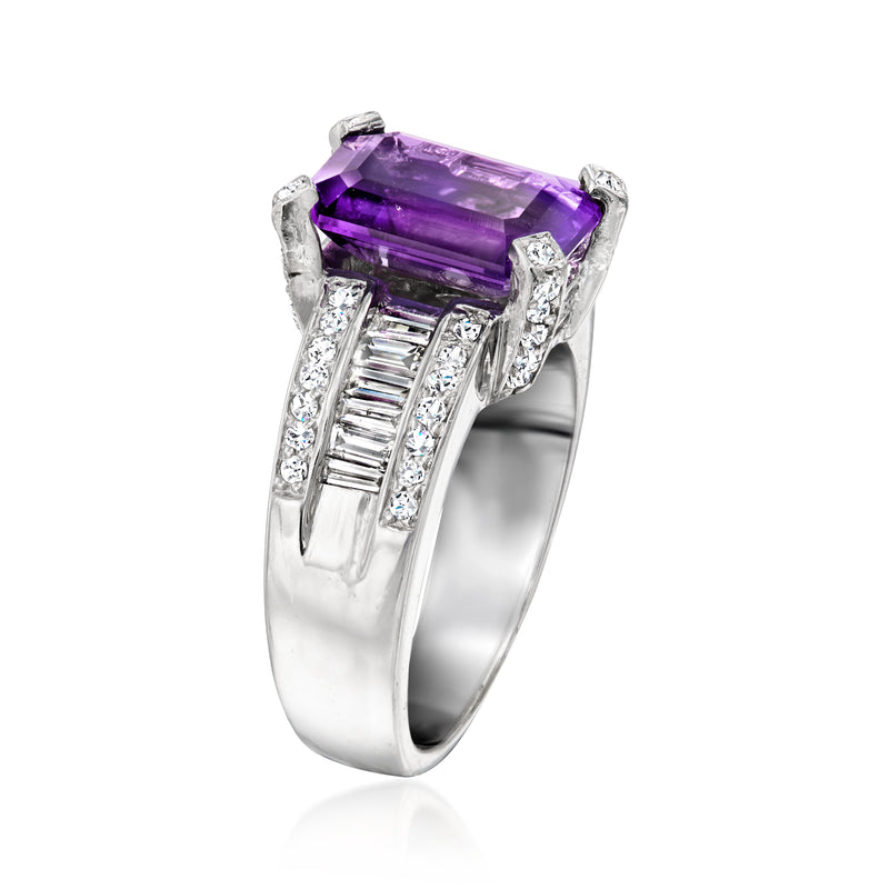 Amethyst emerald-cut ring in white gold with diamond side prongs and baguette details