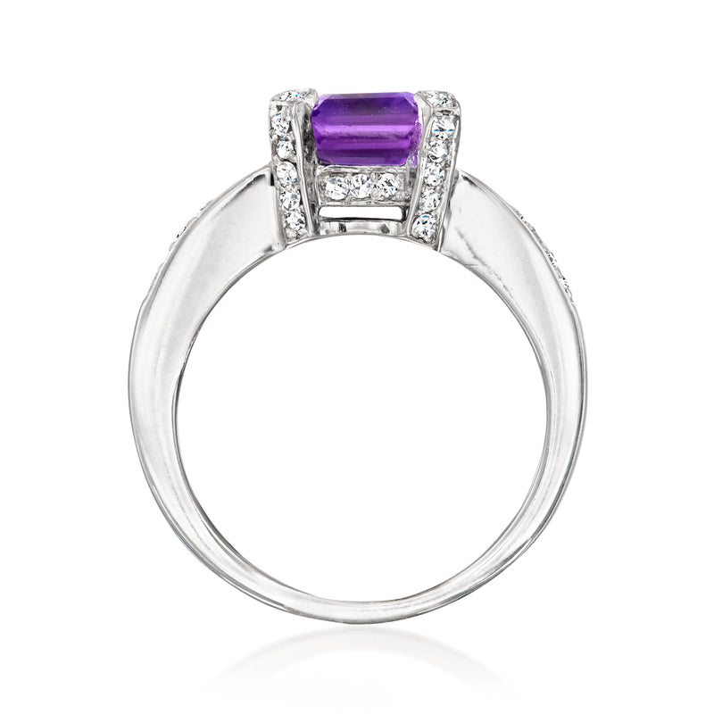 Amethyst gemstone ring with split-prong halo and diamond shoulders, top view