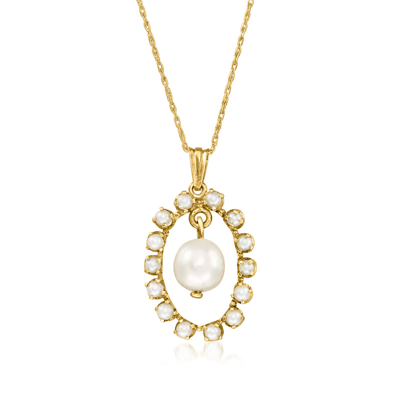 Cultured pearl drop pendant necklace in 14kt yellow gold, oval pearl with pearl halo