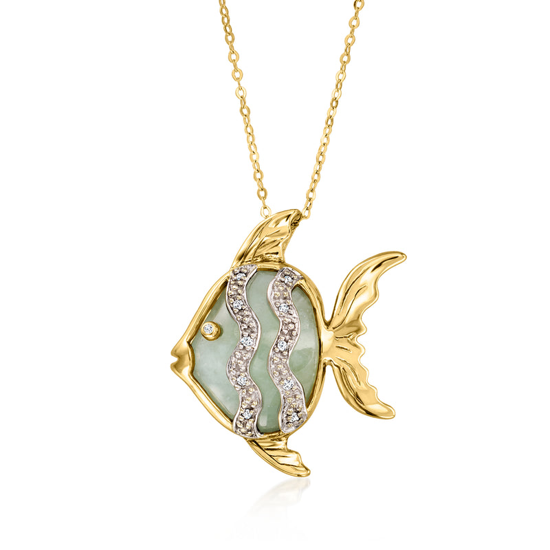 10kt yellow gold fish pendant necklace with jade inlaid body and diamond accents