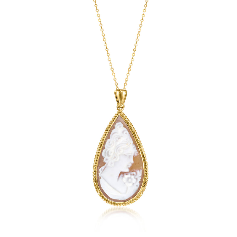 Teardrop cameo pendant necklace in yellow gold with brown shell cameo drop