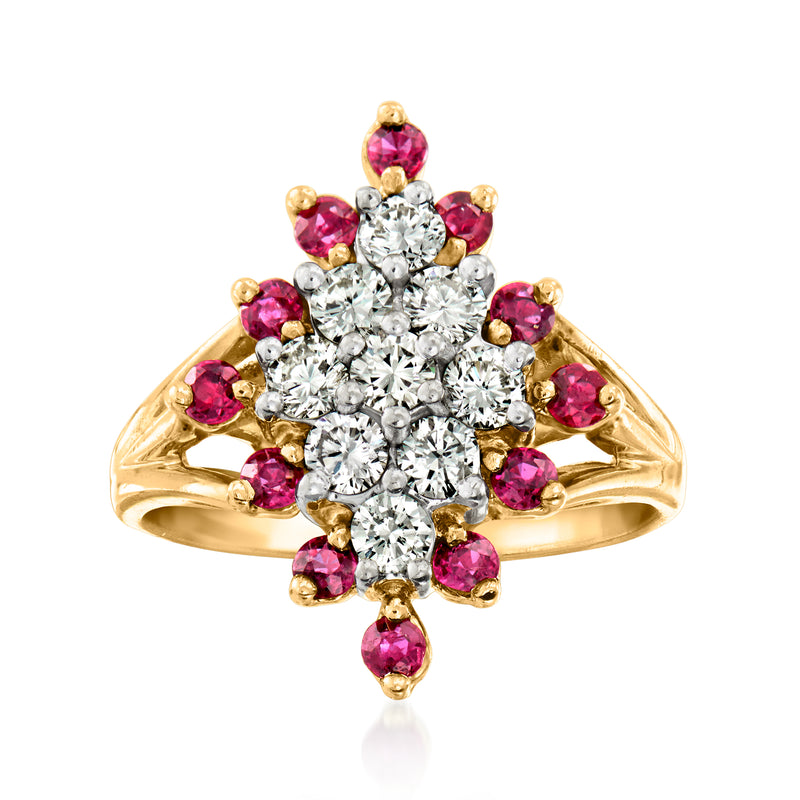 14kt yellow gold cluster ring with round white diamonds and pink ruby accents
