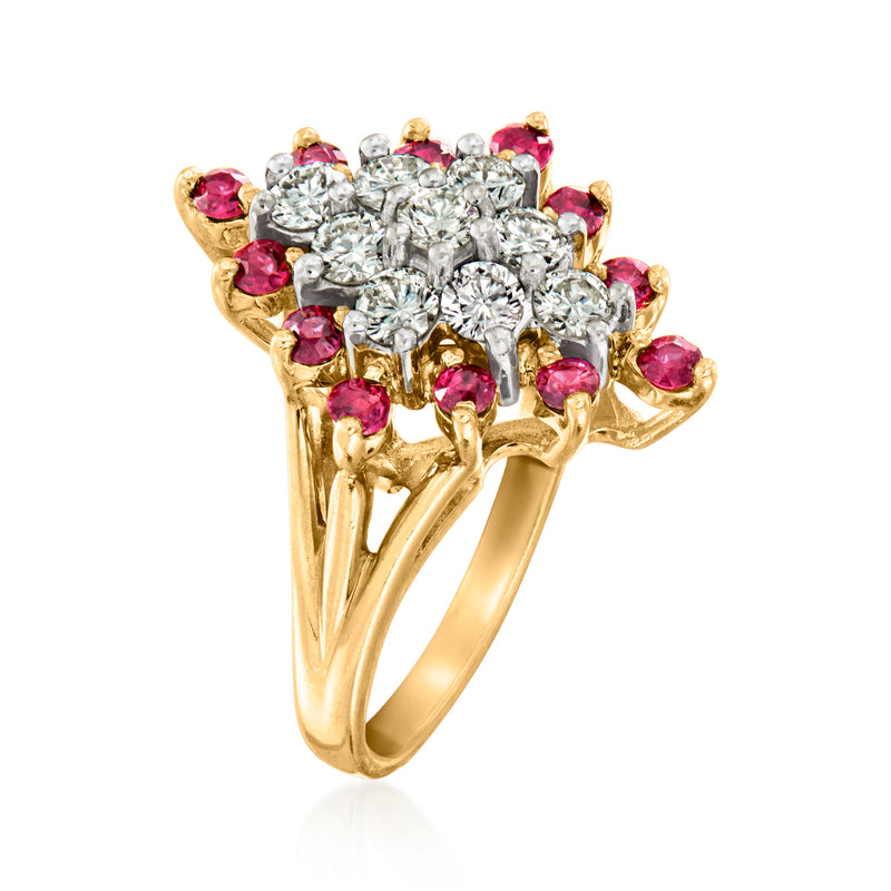 14kt yellow gold diamond-and-ruby cluster ring, angled side view