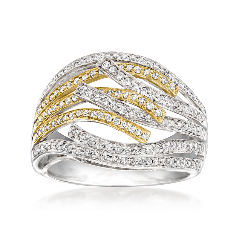 Vintage diamond highway ring in 14kt two-tone gold with curved pavé bands